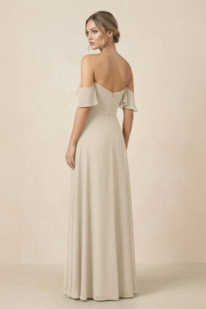 Off-the-Shoulder A-Line Chiffon Ruched Bridesmaid Dress in Champagne - KissProm BRIDESMAID DRESSES