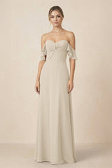 Off-the-Shoulder A-Line Chiffon Ruched Bridesmaid Dress in Champagne - KissProm BRIDESMAID DRESSES