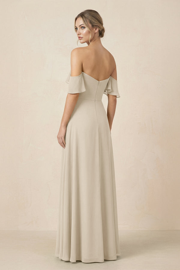 Off-the-Shoulder A-Line Chiffon Ruched Bridesmaid Dress in Champagne - KissProm BRIDESMAID DRESSES