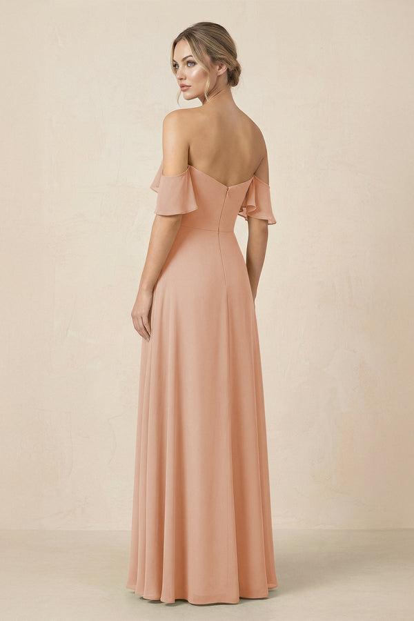 Off-the-Shoulder A-Line Chiffon Ruched Bridesmaid Dress in Champagne Rose - KissProm BRIDESMAID DRESSES