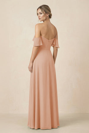 Off-the-Shoulder A-Line Chiffon Ruched Bridesmaid Dress in Champagne Rose - KissProm BRIDESMAID DRESSES