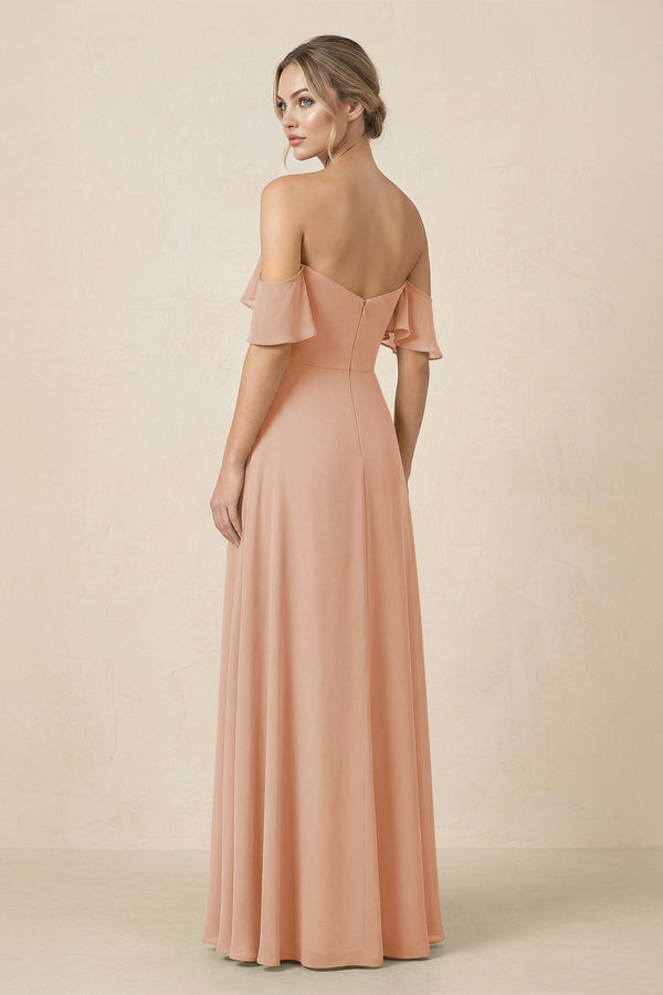 Off-the-Shoulder A-Line Chiffon Ruched Bridesmaid Dress in Champagne Rose - KissProm BRIDESMAID DRESSES