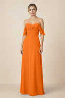 Off-the-Shoulder A-Line Chiffon Ruched Bridesmaid Dress in Cinnamon - KissProm BRIDESMAID DRESSES