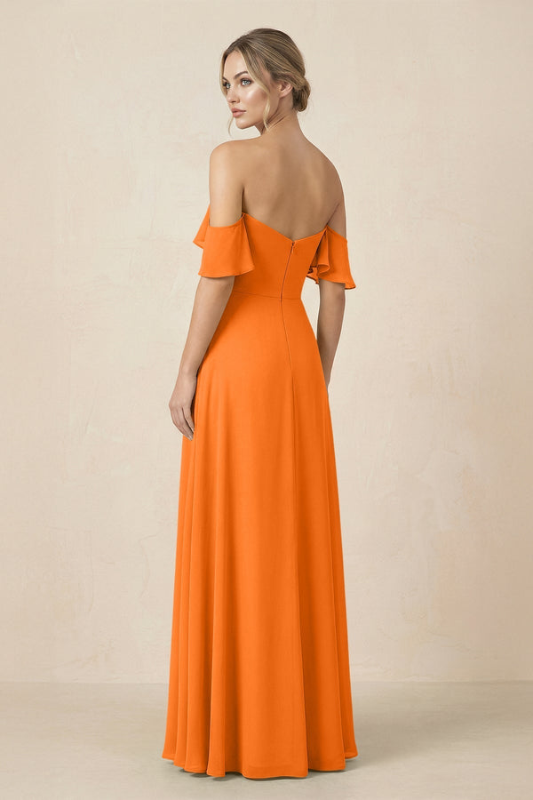 Off-the-Shoulder A-Line Chiffon Ruched Bridesmaid Dress in Cinnamon - KissProm BRIDESMAID DRESSES