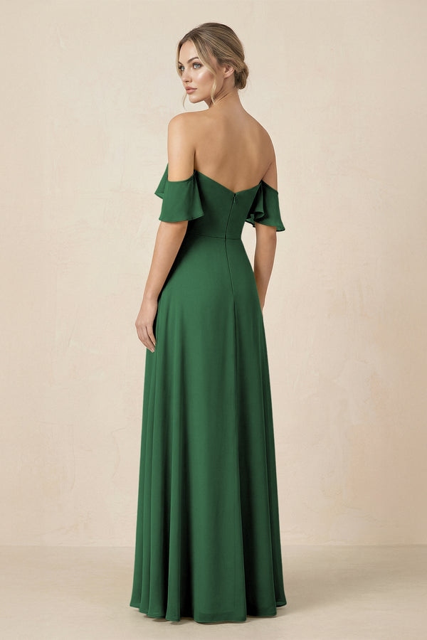 Off-the-Shoulder A-Line Chiffon Ruched Bridesmaid Dress in Dark Green - KissProm BRIDESMAID DRESSES