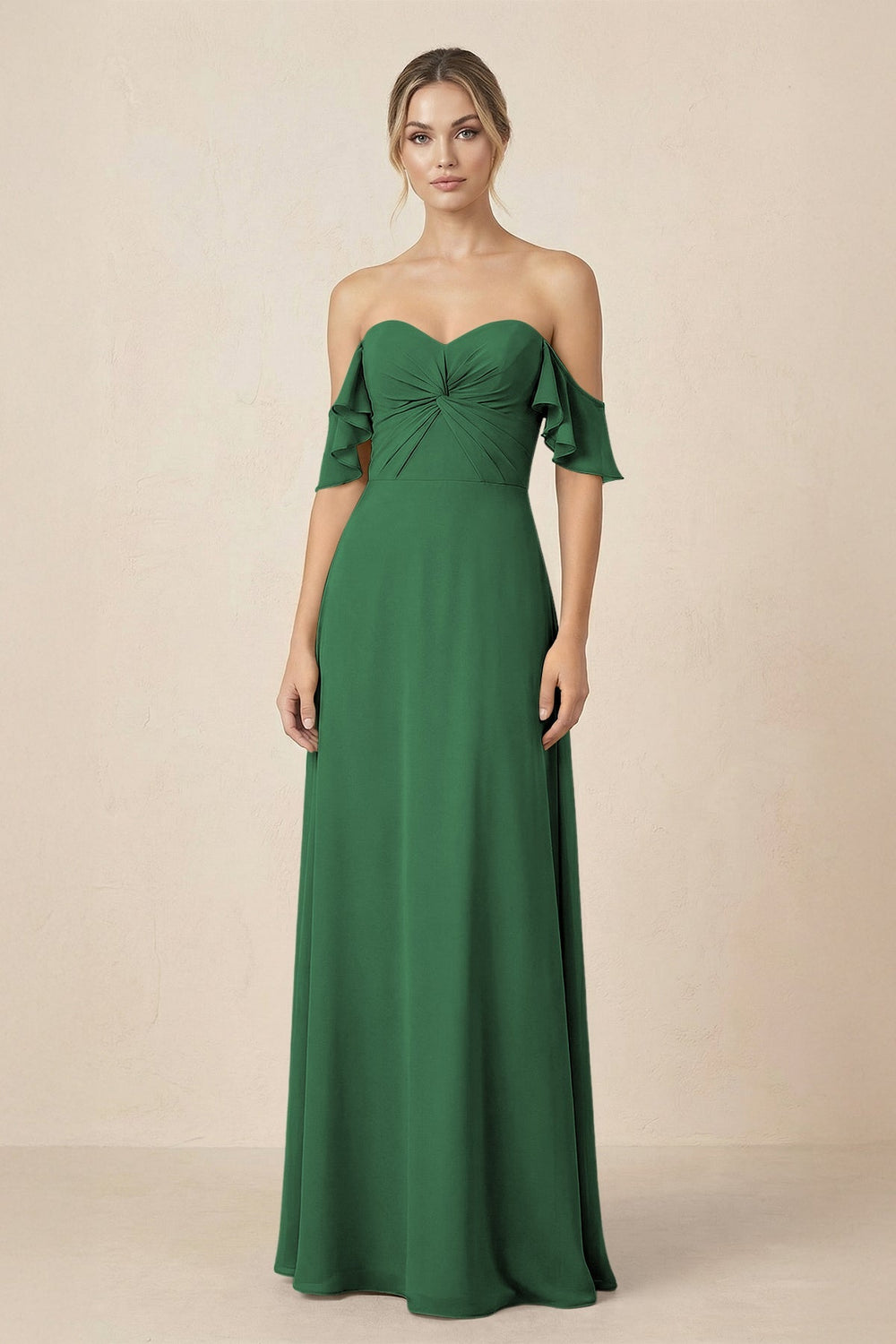 Off-the-Shoulder A-Line Chiffon Ruched Bridesmaid Dress in Dark Green - KissProm BRIDESMAID DRESSES