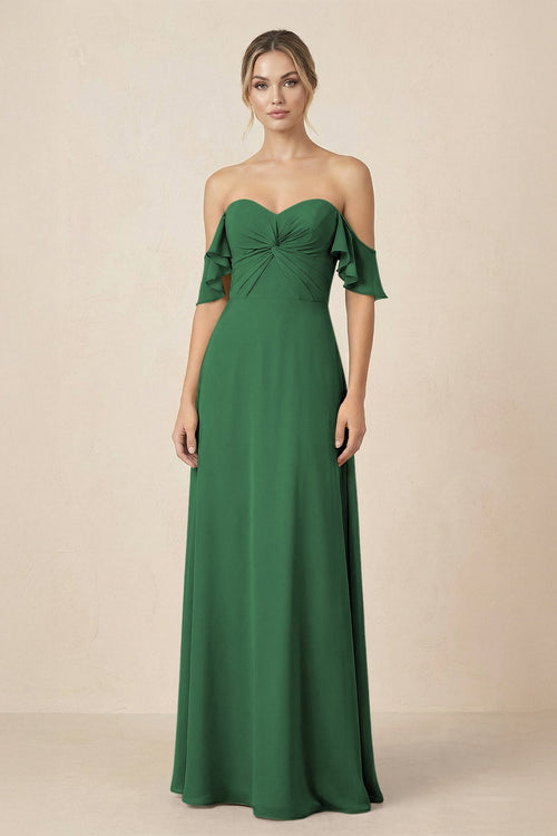 Off-the-Shoulder A-Line Chiffon Ruched Bridesmaid Dress in Dark Green - KissProm BRIDESMAID DRESSES