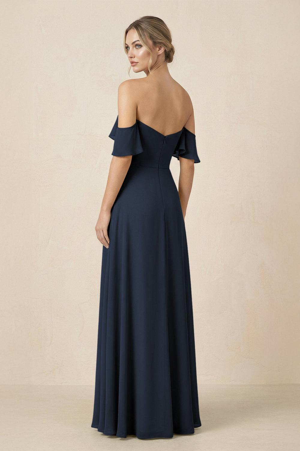 Off-the-Shoulder A-Line Chiffon Ruched Bridesmaid Dress in Dark Navy - KissProm BRIDESMAID DRESSES