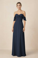 Off-the-Shoulder A-Line Chiffon Ruched Bridesmaid Dress in Dark Navy - KissProm BRIDESMAID DRESSES