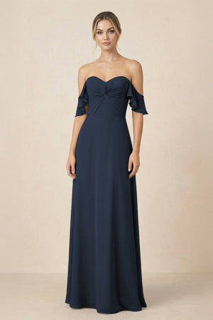 Off-the-Shoulder A-Line Chiffon Ruched Bridesmaid Dress in Dark Navy - KissProm BRIDESMAID DRESSES