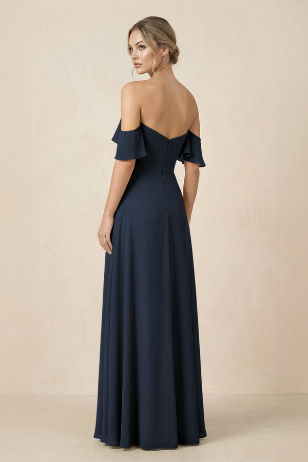 Off-the-Shoulder A-Line Chiffon Ruched Bridesmaid Dress in Dark Navy - KissProm BRIDESMAID DRESSES