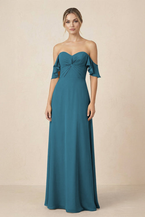 Off-the-Shoulder A-Line Chiffon Ruched Bridesmaid Dress in Dark Teal - KissProm BRIDESMAID DRESSES