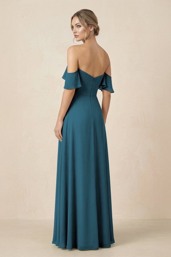 Off-the-Shoulder A-Line Chiffon Ruched Bridesmaid Dress in Dark Teal - KissProm BRIDESMAID DRESSES