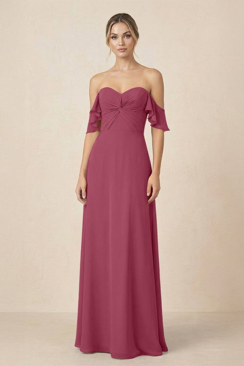 Off-the-Shoulder A-Line Chiffon Ruched Bridesmaid Dress in Desert Rose - KissProm BRIDESMAID DRESSES