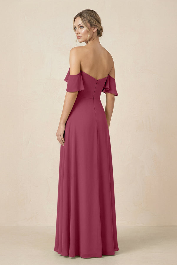 Off-the-Shoulder A-Line Chiffon Ruched Bridesmaid Dress in Desert Rose - KissProm BRIDESMAID DRESSES