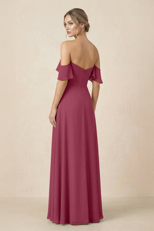 Off-the-Shoulder A-Line Chiffon Ruched Bridesmaid Dress in Desert Rose - KissProm BRIDESMAID DRESSES