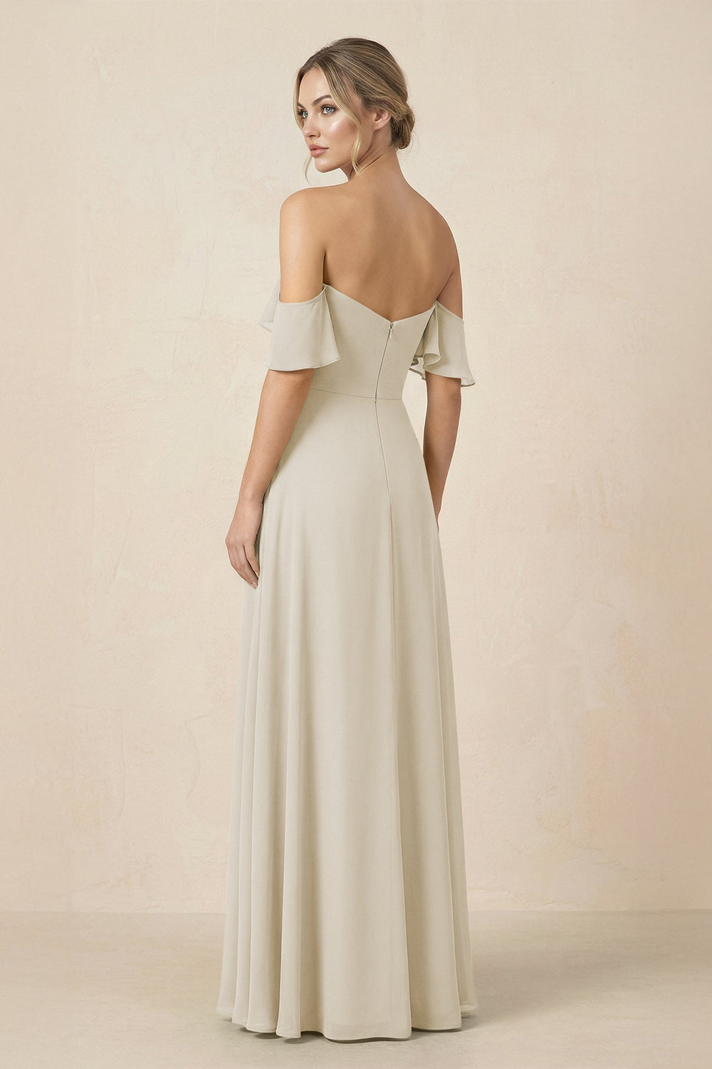 Off-the-Shoulder A-Line Chiffon Ruched Bridesmaid Dress in Dove Gray - KissProm BRIDESMAID DRESSES
