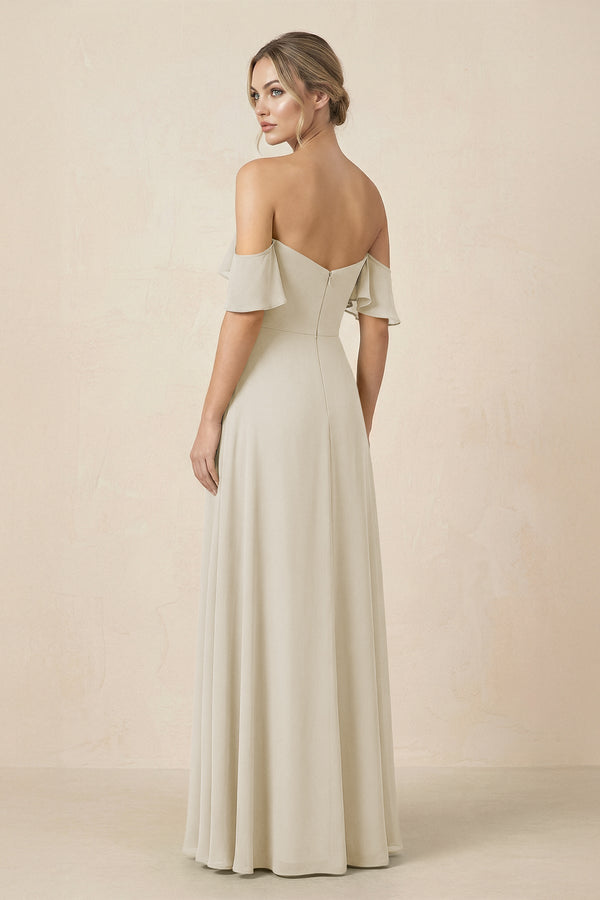 Off-the-Shoulder A-Line Chiffon Ruched Bridesmaid Dress in Dove Gray - KissProm BRIDESMAID DRESSES