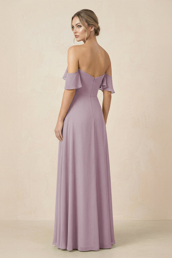 Off-the-Shoulder A-Line Chiffon Ruched Bridesmaid Dress in Dusk - KissProm BRIDESMAID DRESSES