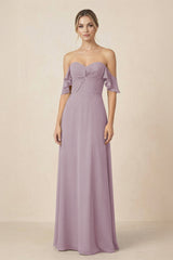 Off-the-Shoulder A-Line Chiffon Ruched Bridesmaid Dress in Dusk - KissProm BRIDESMAID DRESSES