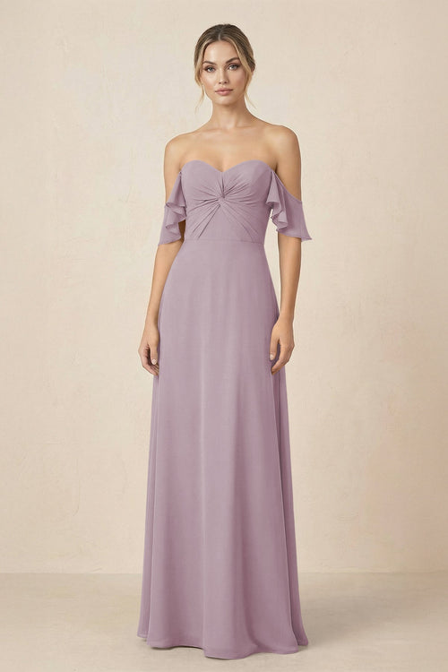 Off-the-Shoulder A-Line Chiffon Ruched Bridesmaid Dress in Dusk - KissProm BRIDESMAID DRESSES