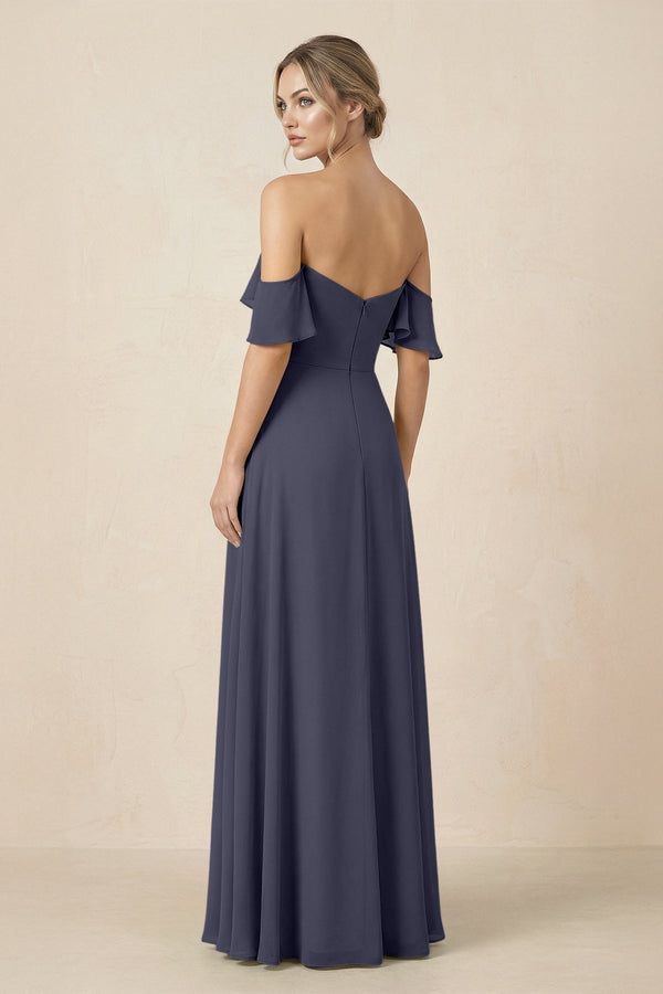 Off-the-Shoulder A-Line Chiffon Ruched Bridesmaid Dress in Dusk Blue - KissProm BRIDESMAID DRESSES