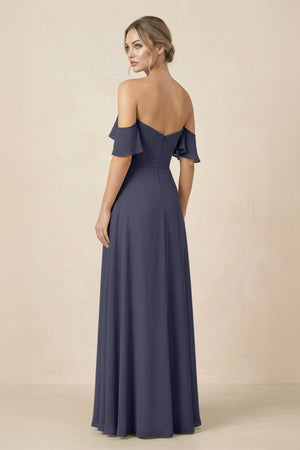 Off-the-Shoulder A-Line Chiffon Ruched Bridesmaid Dress in Dusk Blue - KissProm BRIDESMAID DRESSES