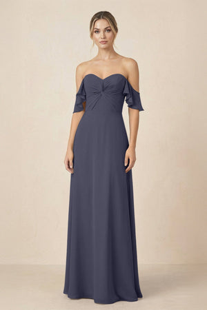 Off-the-Shoulder A-Line Chiffon Ruched Bridesmaid Dress in Dusk Blue - KissProm BRIDESMAID DRESSES