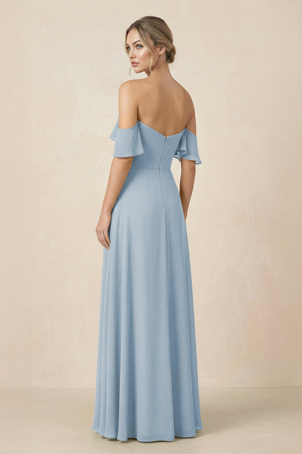 Off-the-Shoulder A-Line Chiffon Ruched Bridesmaid Dress in Dusty Blue - KissProm BRIDESMAID DRESSES