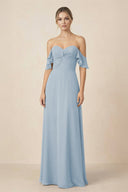 Off-the-Shoulder A-Line Chiffon Ruched Bridesmaid Dress in Dusty Blue - KissProm BRIDESMAID DRESSES