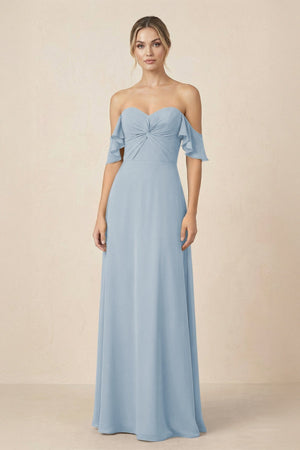 Off-the-Shoulder A-Line Chiffon Ruched Bridesmaid Dress in Dusty Blue - KissProm BRIDESMAID DRESSES