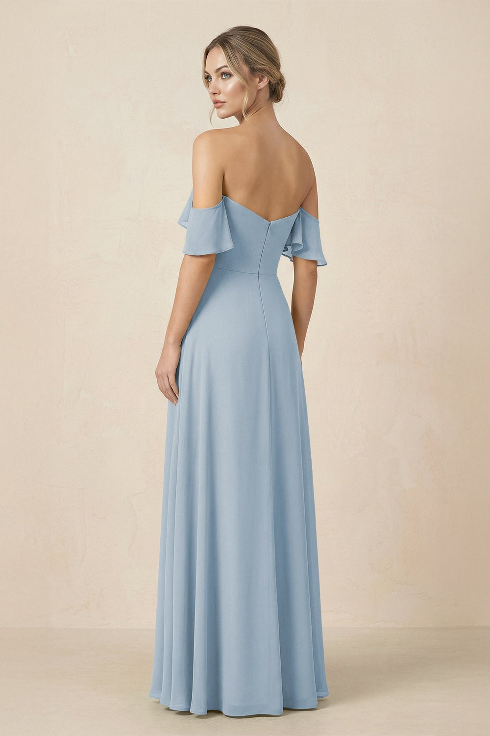 Off-the-Shoulder A-Line Chiffon Ruched Bridesmaid Dress in Dusty Blue - KissProm BRIDESMAID DRESSES
