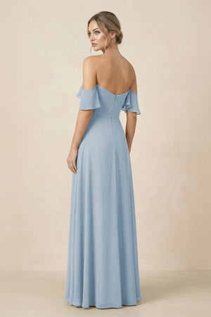 Off-the-Shoulder A-Line Chiffon Ruched Bridesmaid Dress in Dusty Blue - KissProm BRIDESMAID DRESSES