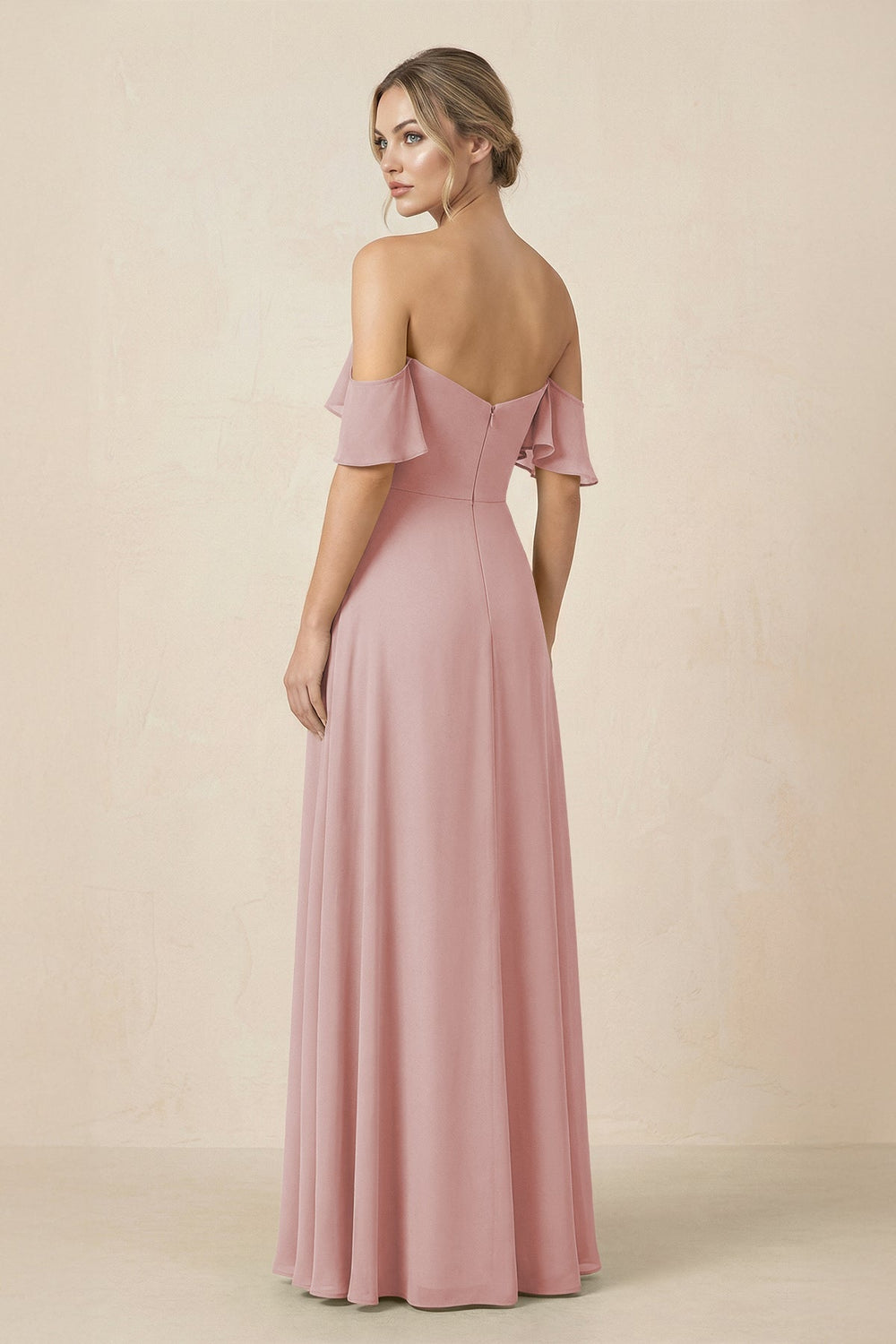 Off-the-Shoulder A-Line Chiffon Ruched Bridesmaid Dress in Dusty Rose - KissProm BRIDESMAID DRESSES