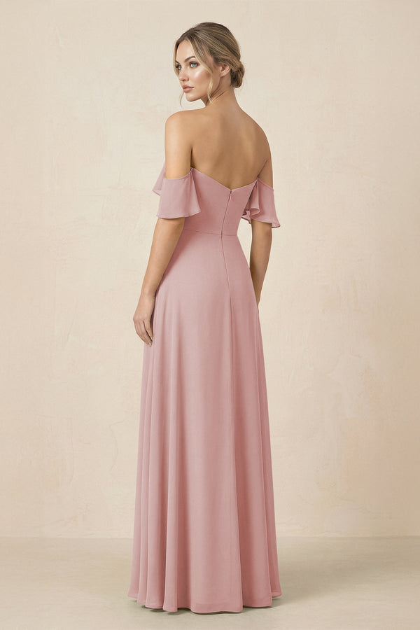 Off-the-Shoulder A-Line Chiffon Ruched Bridesmaid Dress in Dusty Rose - KissProm BRIDESMAID DRESSES