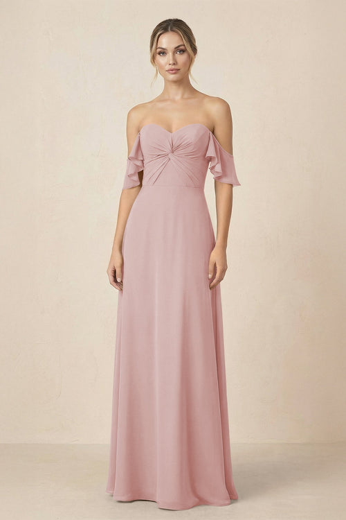 Off-the-Shoulder A-Line Chiffon Ruched Bridesmaid Dress in Dusty Rose - KissProm BRIDESMAID DRESSES