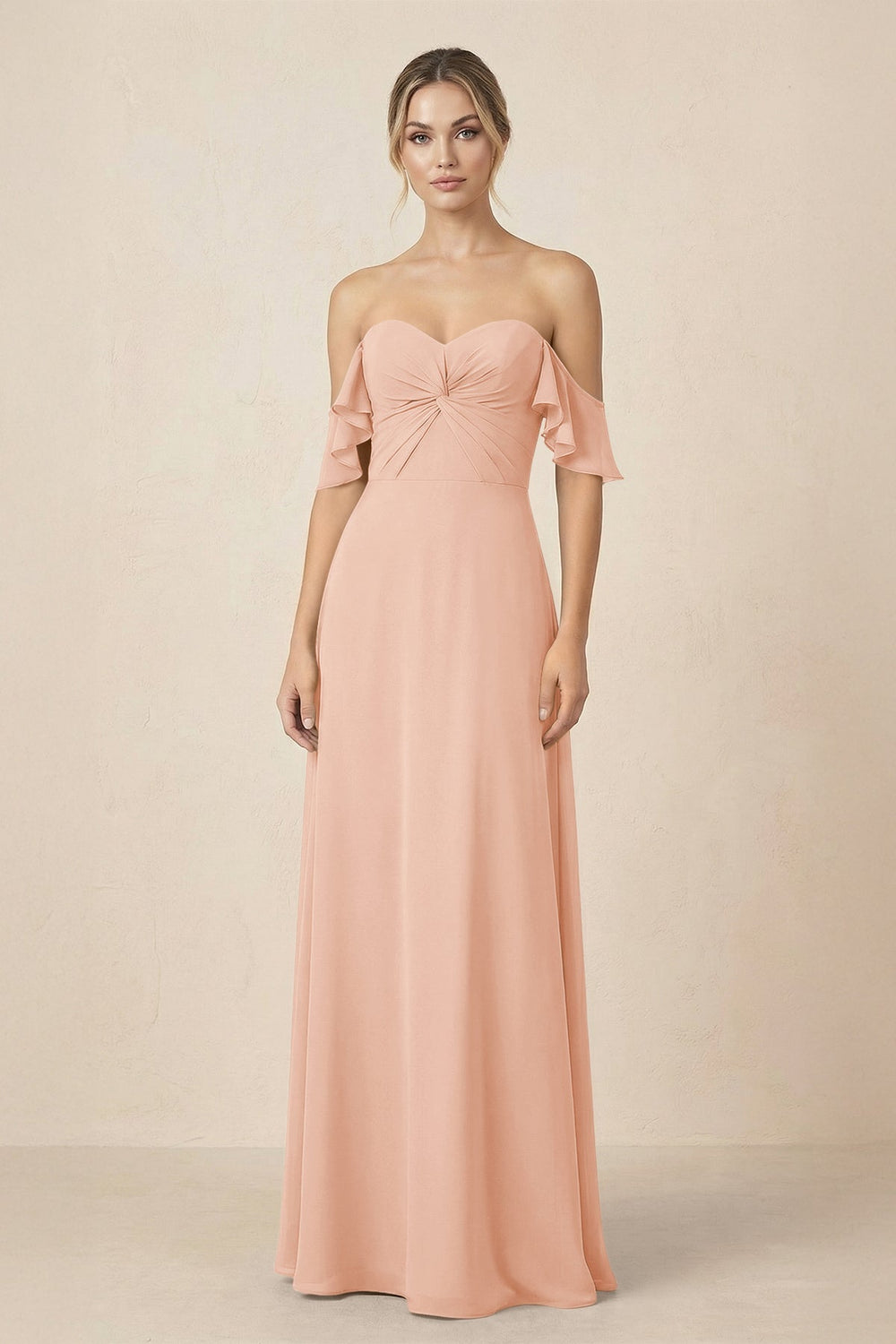 Off-the-Shoulder A-Line Chiffon Ruched Bridesmaid Dress in English Rose - KissProm BRIDESMAID DRESSES