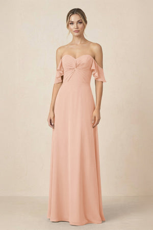 Off-the-Shoulder A-Line Chiffon Ruched Bridesmaid Dress in English Rose - KissProm BRIDESMAID DRESSES