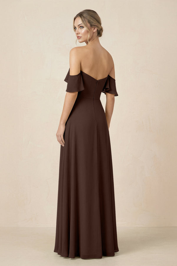 Off-the-Shoulder A-Line Chiffon Ruched Bridesmaid Dress in Espresso - KissProm BRIDESMAID DRESSES