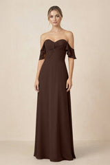 Off-the-Shoulder A-Line Chiffon Ruched Bridesmaid Dress in Espresso - KissProm BRIDESMAID DRESSES
