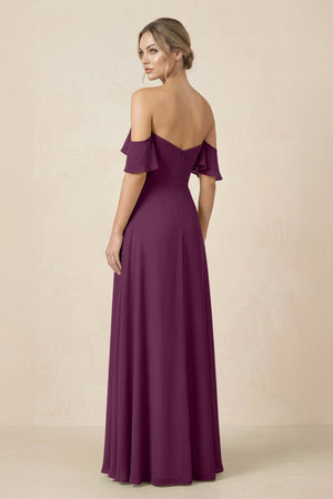 Off-the-Shoulder A-Line Chiffon Ruched Bridesmaid Dress in Fig - KissProm BRIDESMAID DRESSES