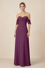 Off-the-Shoulder A-Line Chiffon Ruched Bridesmaid Dress in Fig - KissProm BRIDESMAID DRESSES