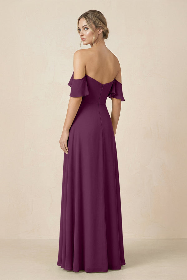 Off-the-Shoulder A-Line Chiffon Ruched Bridesmaid Dress in Fig - KissProm BRIDESMAID DRESSES