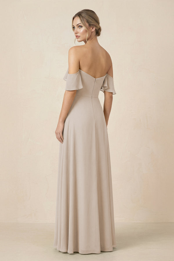 Off-the-Shoulder A-Line Chiffon Ruched Bridesmaid Dress in Frost - KissProm BRIDESMAID DRESSES