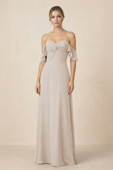 Off-the-Shoulder A-Line Chiffon Ruched Bridesmaid Dress in Frost - KissProm BRIDESMAID DRESSES