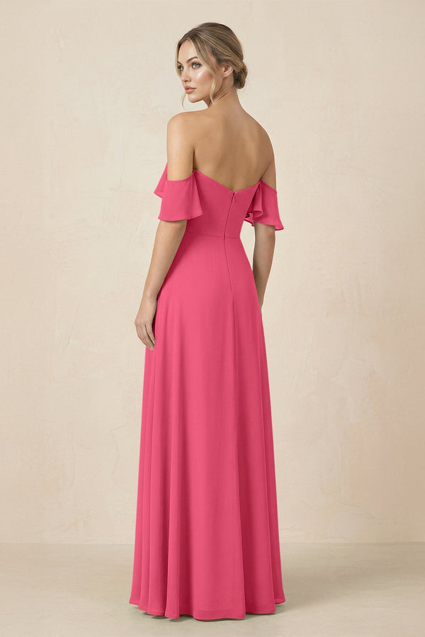 Off-the-Shoulder A-Line Chiffon Ruched Bridesmaid Dress in Fuchsia - KissProm BRIDESMAID DRESSES