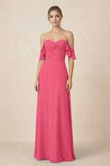 Off-the-Shoulder A-Line Chiffon Ruched Bridesmaid Dress in Fuchsia - KissProm BRIDESMAID DRESSES