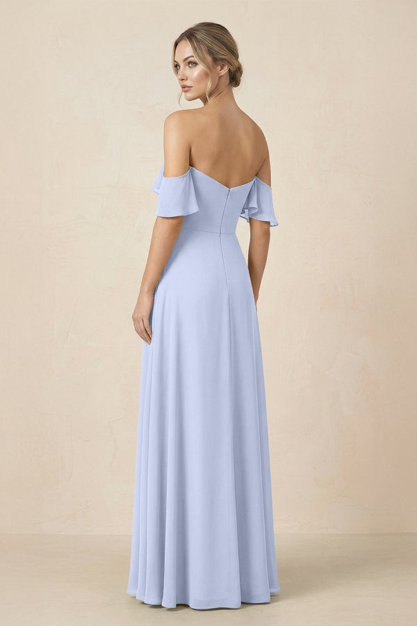 Off-the-Shoulder A-Line Chiffon Ruched Bridesmaid Dress in Ice - KissProm BRIDESMAID DRESSES