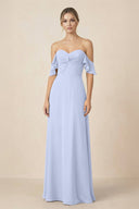 Off-the-Shoulder A-Line Chiffon Ruched Bridesmaid Dress in Ice - KissProm BRIDESMAID DRESSES