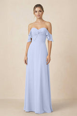 Off-the-Shoulder A-Line Chiffon Ruched Bridesmaid Dress in Ice - KissProm BRIDESMAID DRESSES